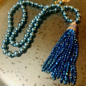Iridescent Blue BEADED Tassel Necklace  ⭐️ STUNNING Vintage -circa 1970s